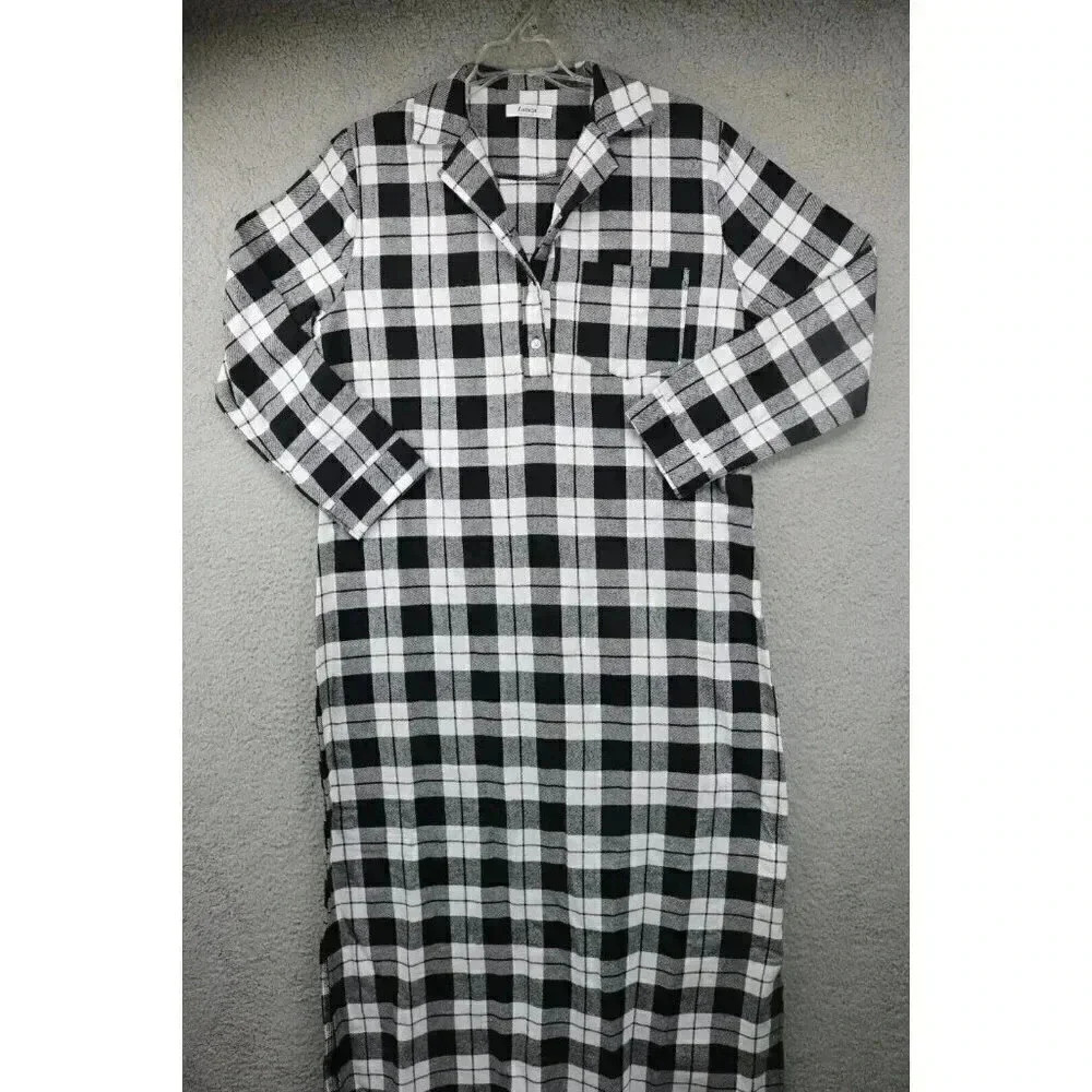 Latuza Men's Cotton Flannel Sleep Shirt-Black & White Plaid-Size Small